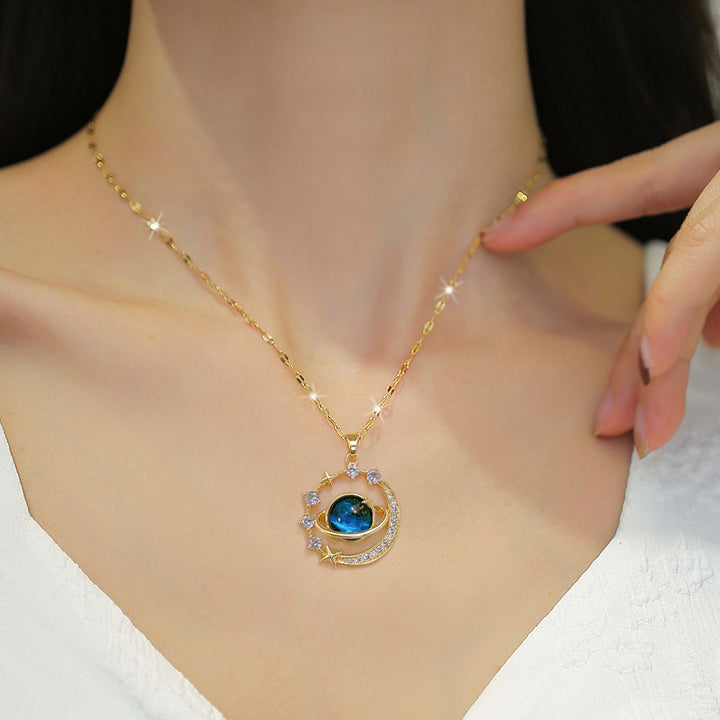 Stainless Steel Starry Sky Planet Astronaut Necklace For Women Light