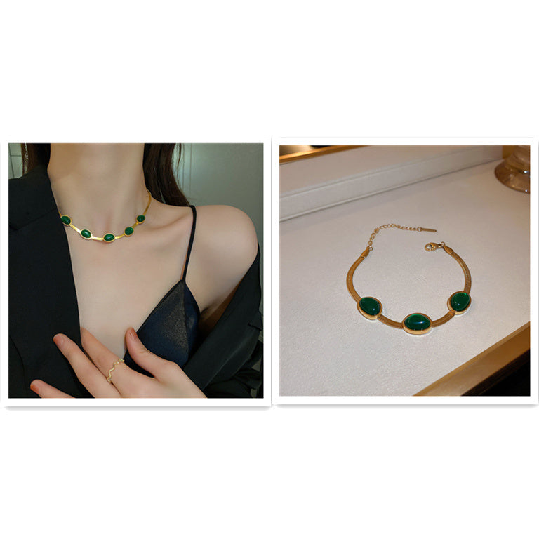 Fashion Jewelry Green Stone Crytal Snake Chain Multilayer Necklace