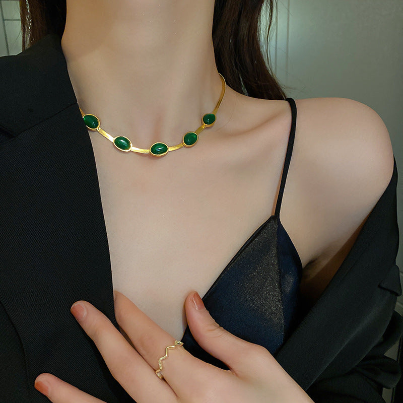 Fashion Jewelry Green Stone Crytal Snake Chain Multilayer Necklace