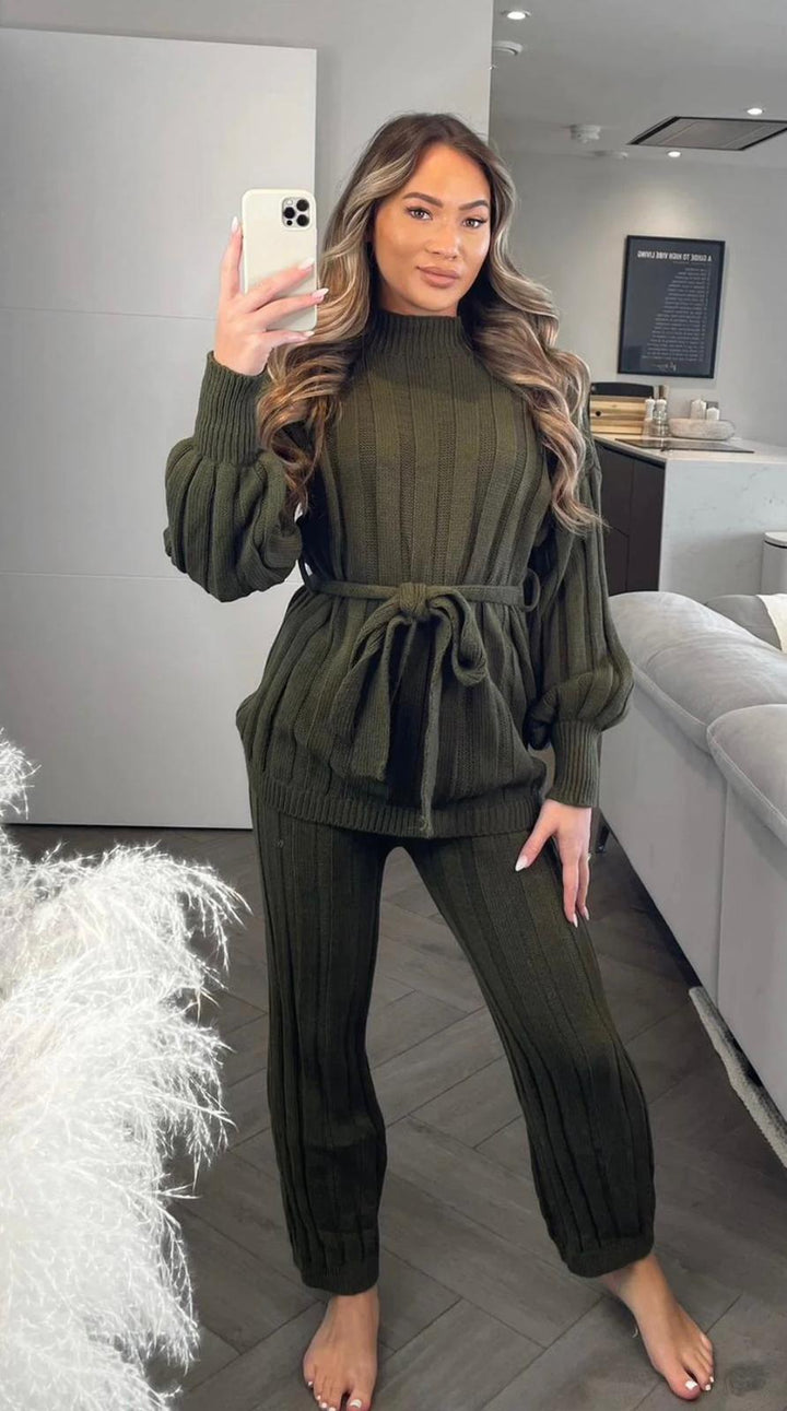 Ladies Women Two Piece High Neck Belted Knitted Set Loungewear Tracksuit Set