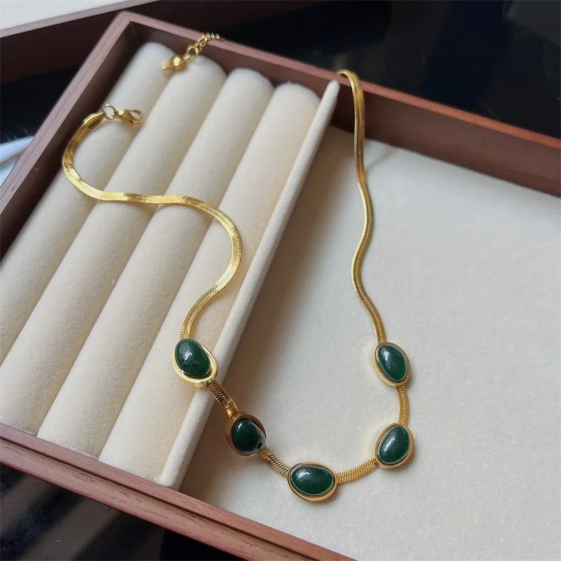 Fashion Jewelry Green Stone Crytal Snake Chain Multilayer Necklace