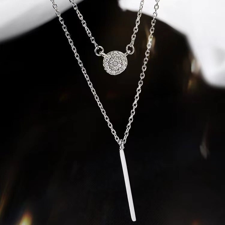 S925 Silver Color Double Chain Long Stick Micro Pave Zircon Round