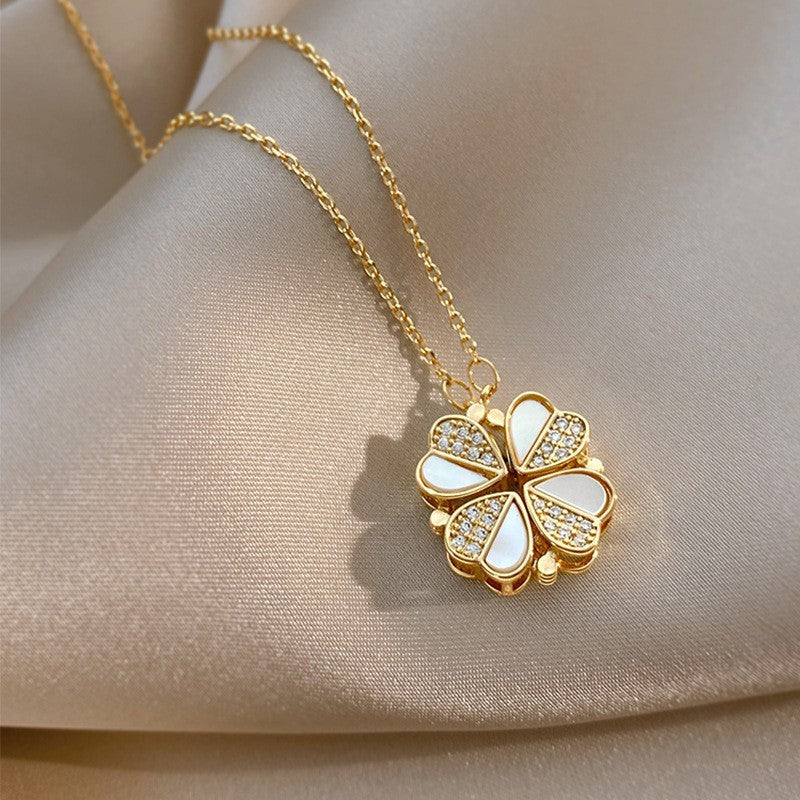 Luxury Four Leaf Clover Pendant Necklace Stainless Steel Crystal