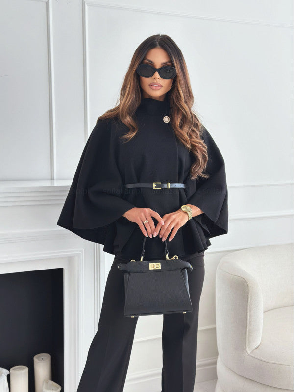 New Stand Collar Batwing Sleeves Cloak Top With Belt Ins Fashion