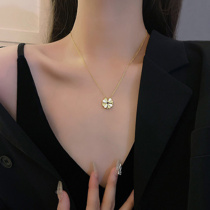 Luxury Four Leaf Clover Pendant Necklace Stainless Steel Crystal