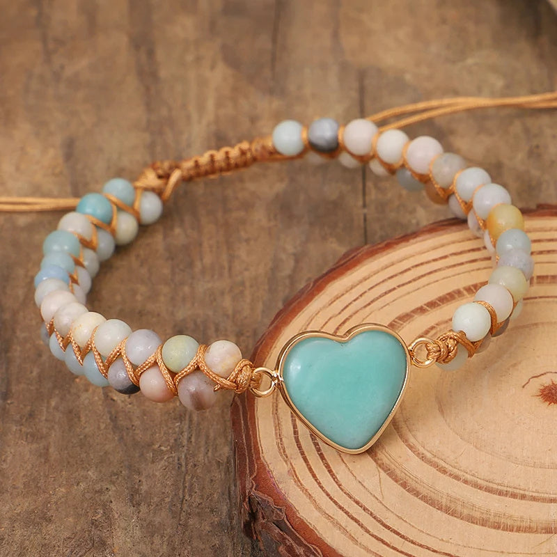 Classic Heart Shape Charm Bracelets Amazonite String Braided