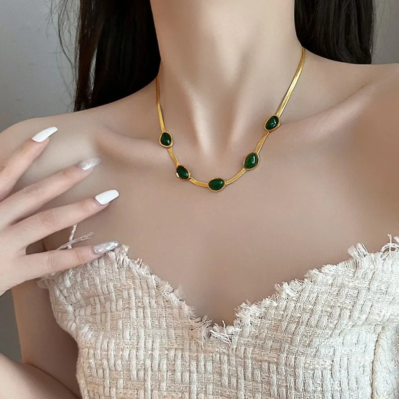 Fashion Jewelry Green Stone Crytal Snake Chain Multilayer Necklace