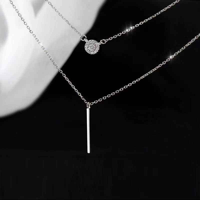 S925 Silver Color Double Chain Long Stick Micro Pave Zircon Round