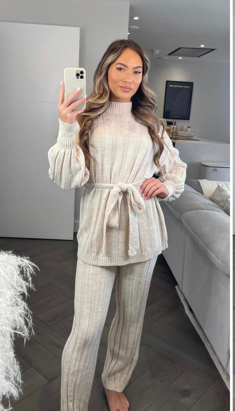 Ladies Women Two Piece High Neck Belted Knitted Set Loungewear Tracksuit Set