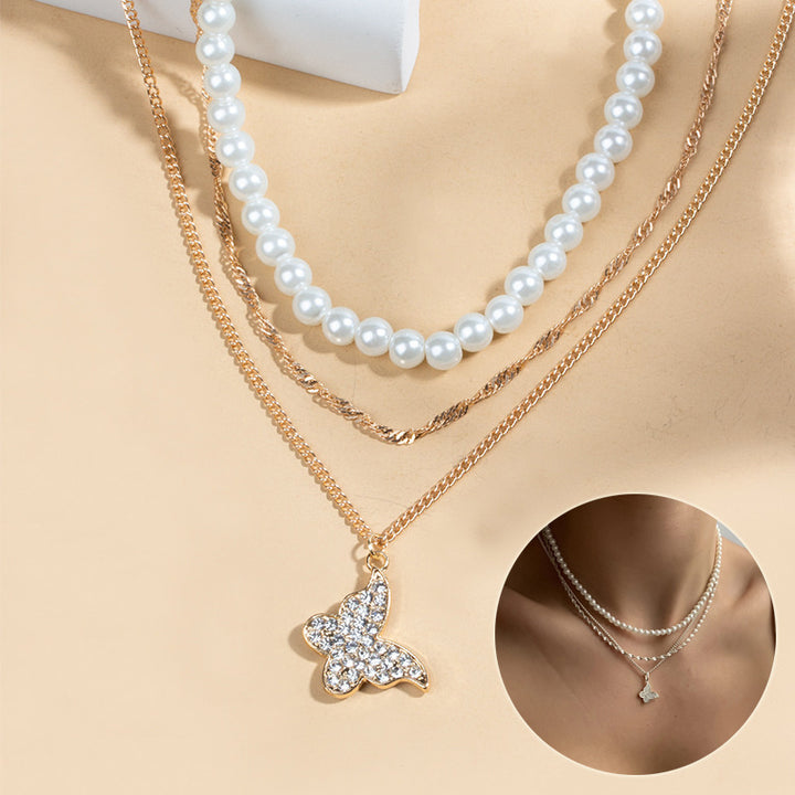 Exquisite Butterfly Multi-Layer Pearl Pendant Necklace Set