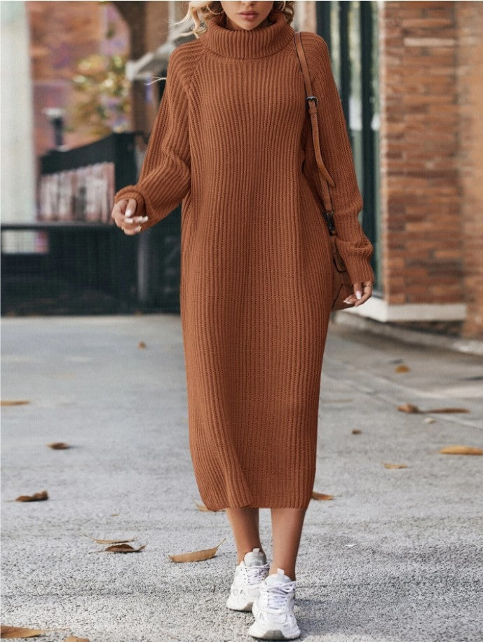 Winter Turtleneck Knitted Sweater Dress Fashion Solid Loose