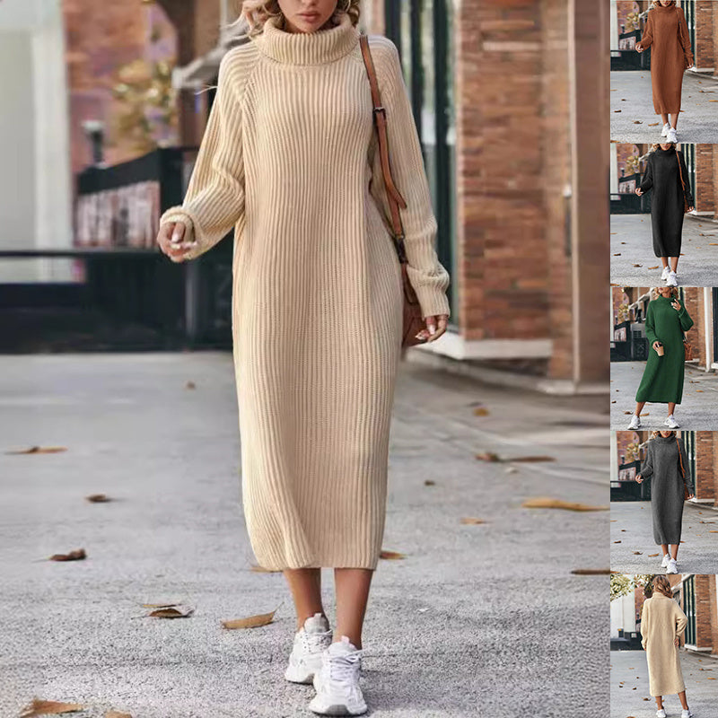 Winter Turtleneck Knitted Sweater Dress Fashion Solid Loose