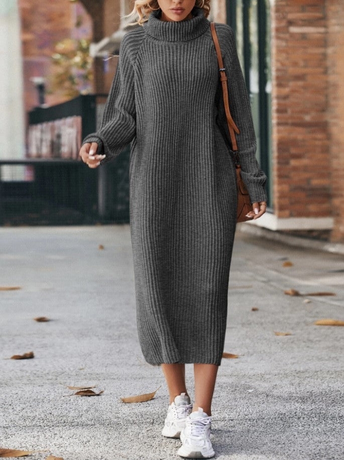 Winter Turtleneck Knitted Sweater Dress Fashion Solid Loose