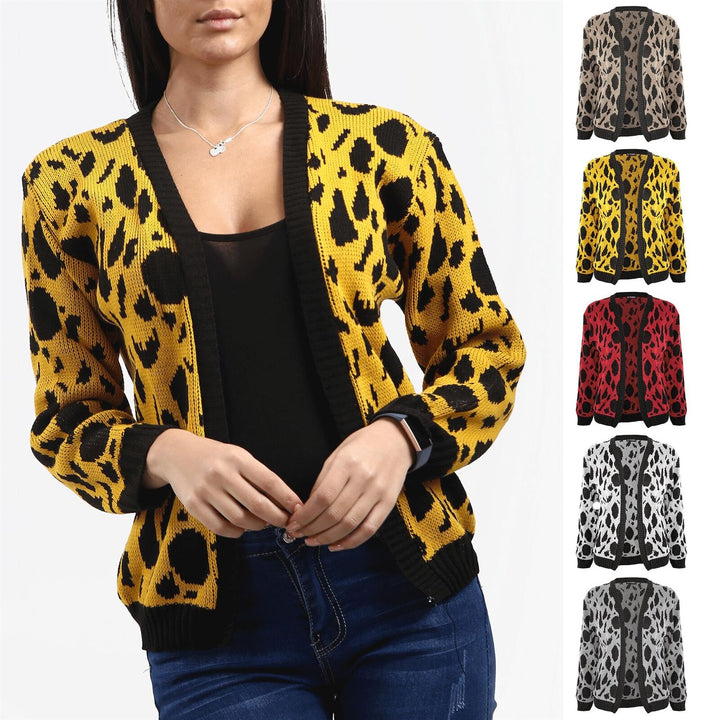 Ladies Leopard Fine Knit Long Sleeve Jumper Open Sweater Baggy Womens Cardigan