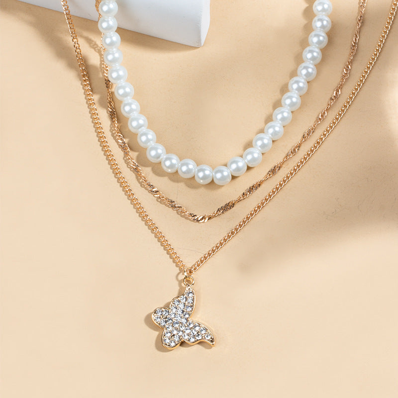 Exquisite Butterfly Multi-Layer Pearl Pendant Necklace Set