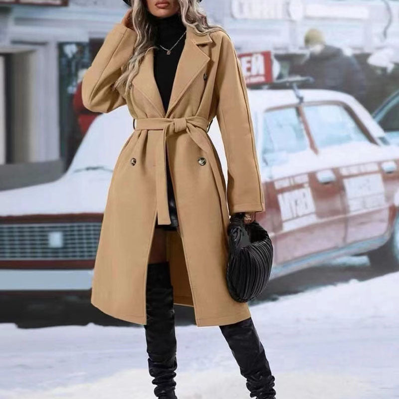 Lapel Double-breasted Trench Coat With Belt Winter Fashion