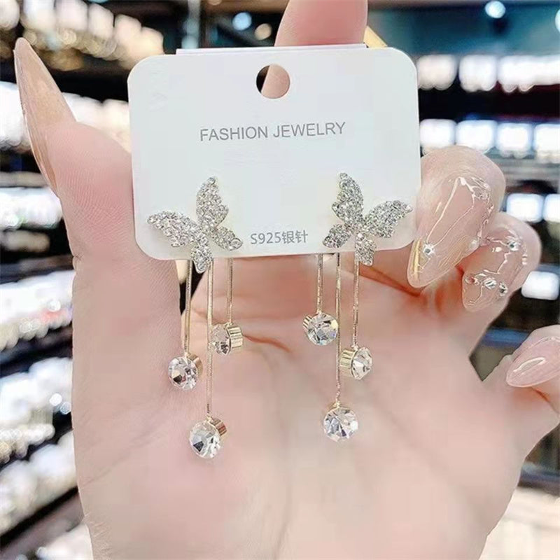 Fashion Jewelry Shiny Butterfly Rhinestone Drop Dangle Earrings Women Elegant Long Pearl Tassel Chain Pendant Party Jewelry