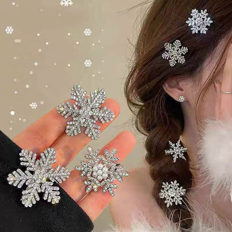 Cyrstal Snowflake Pearl Hair Clip Winter Girls Small Sweet Bobby Pins