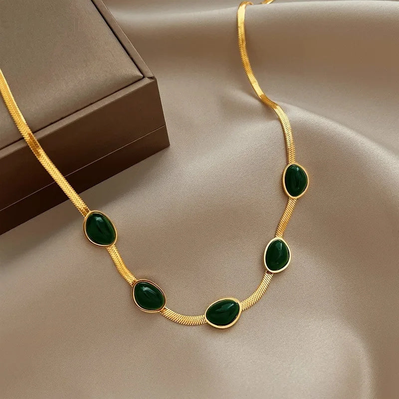 Fashion Jewelry Green Stone Crytal Snake Chain Multilayer Necklace