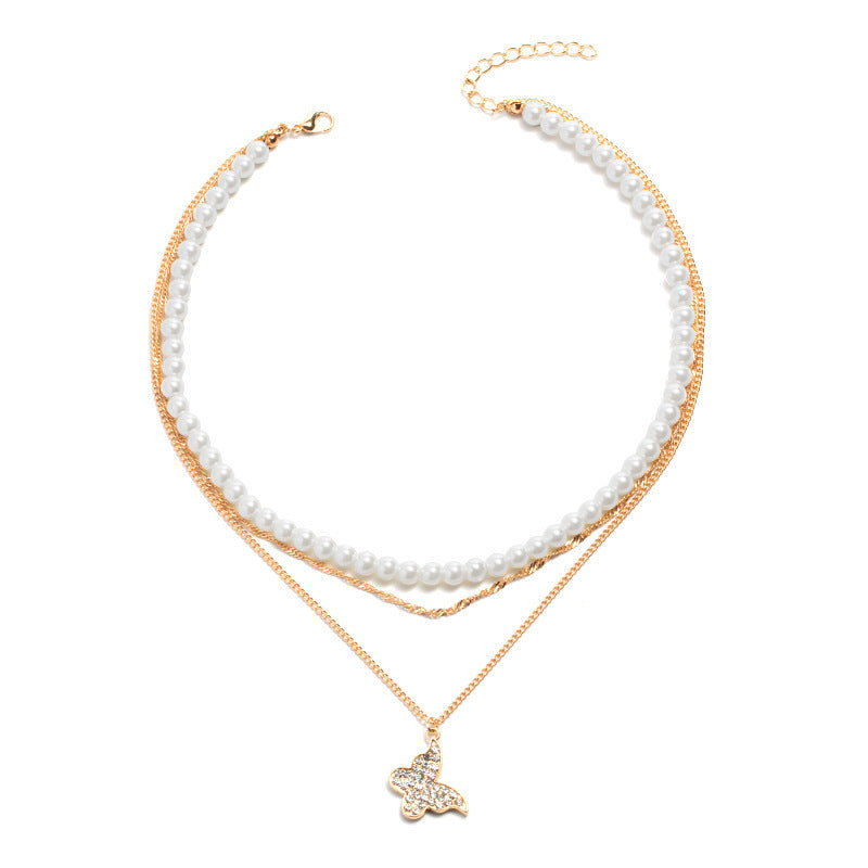 Exquisite Butterfly Multi-Layer Pearl Pendant Necklace Set