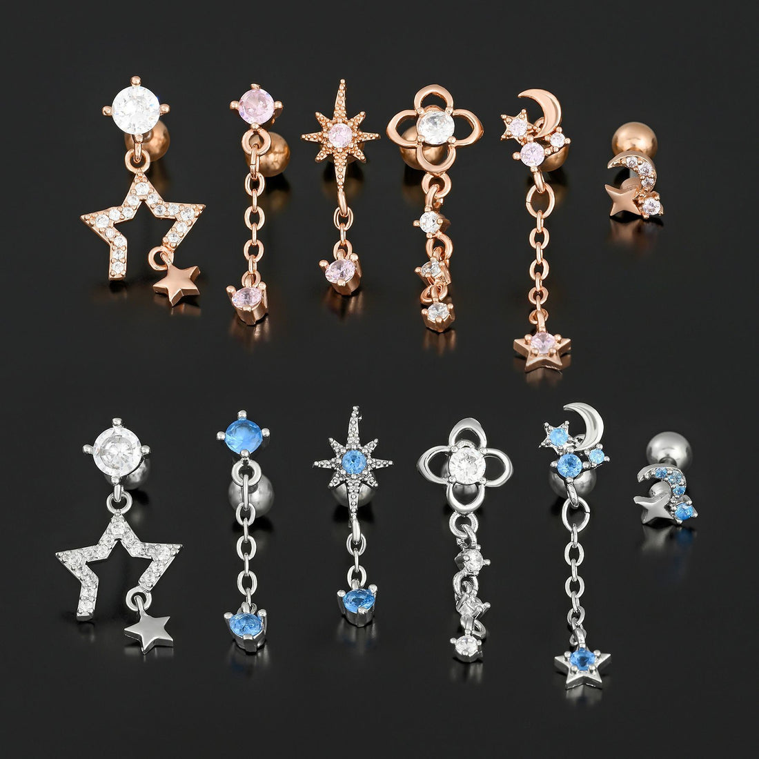 Fashion Jewelry Piercing Star Moon Cubic Zirconia Stainless Steel