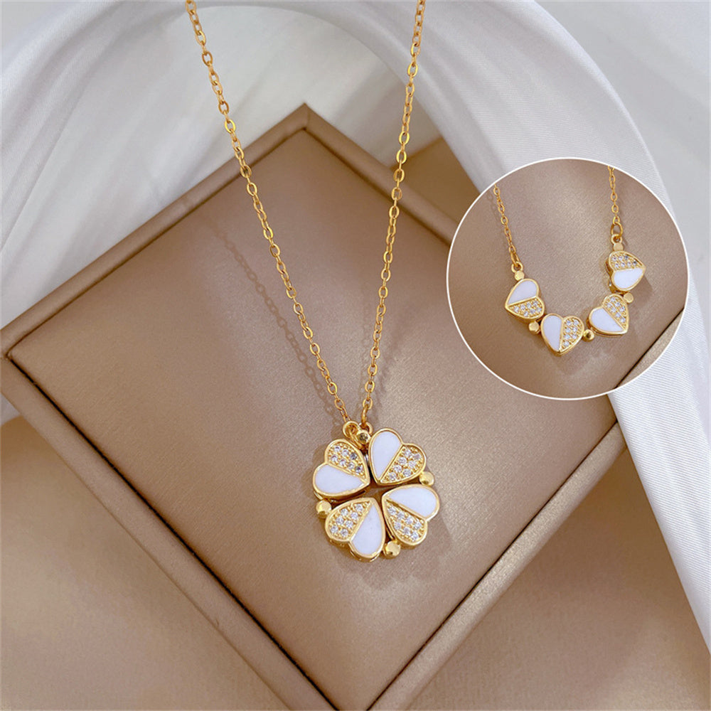 Luxury Four Leaf Clover Pendant Necklace Stainless Steel Crystal