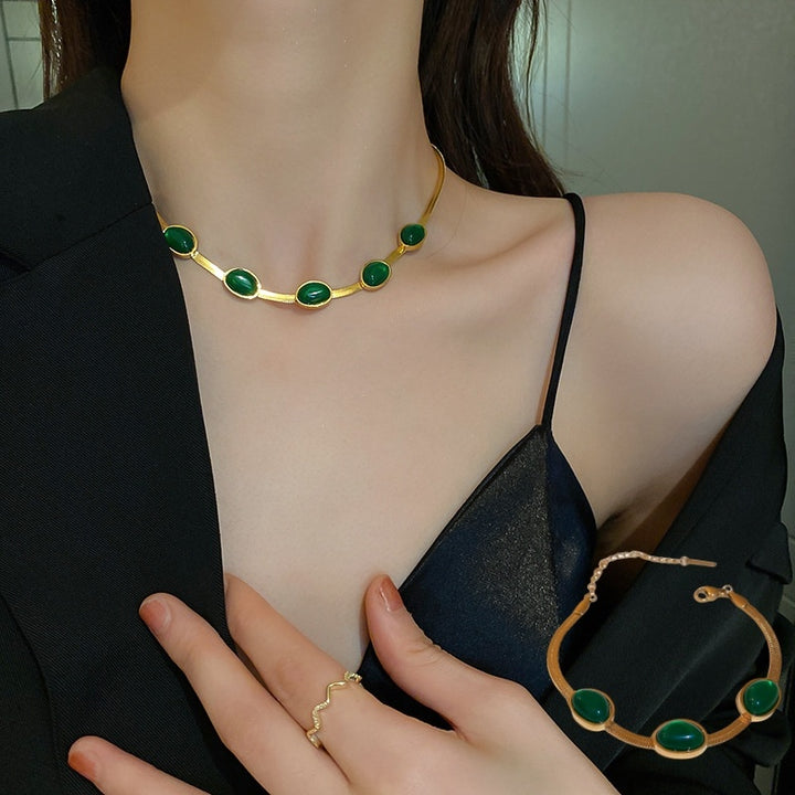 Fashion Jewelry Green Stone Crytal Snake Chain Multilayer Necklace