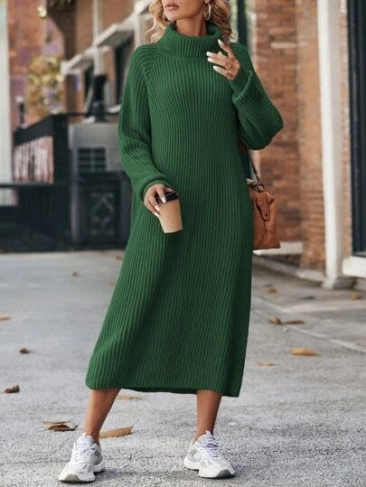 Winter Turtleneck Knitted Sweater Dress Fashion Solid Loose