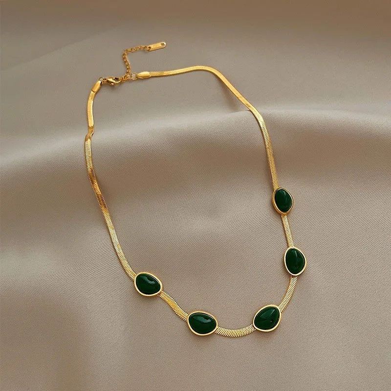 Fashion Jewelry Green Stone Crytal Snake Chain Multilayer Necklace